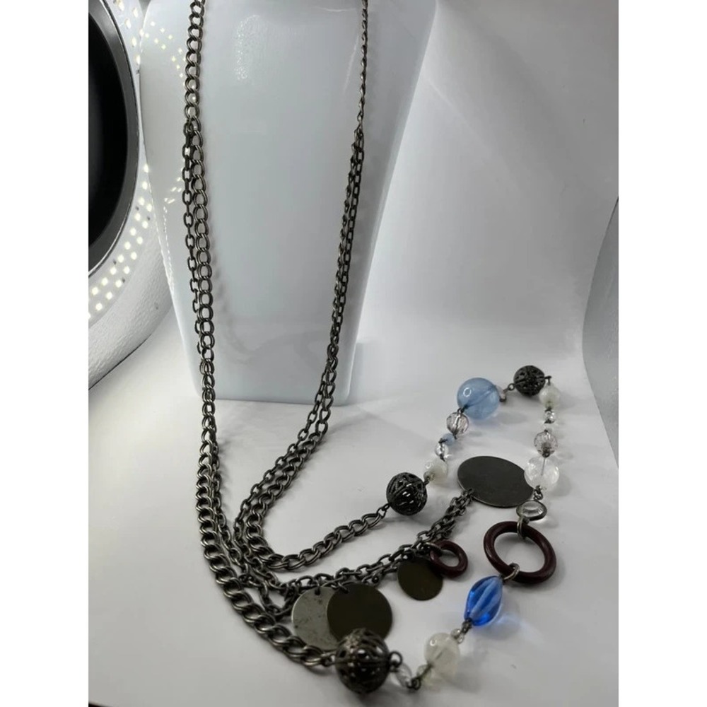 Vintage Avon NR necklace baby blue stones signed double chain filagree discs